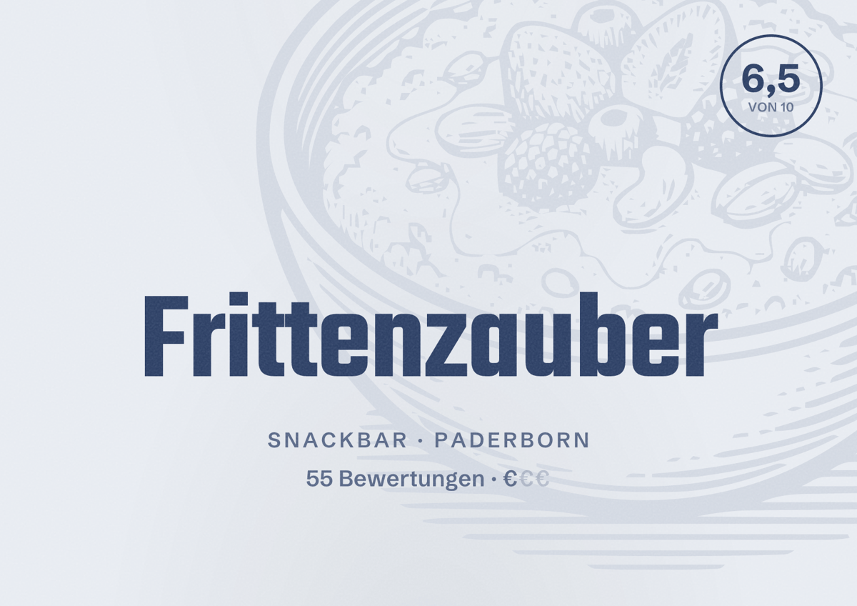 Illustriertes Poster von Frittenzauber, Snackbar in Paderborn: Bewertung 6,5 von 10 aus 55 Bewertungen, Preisniveau €