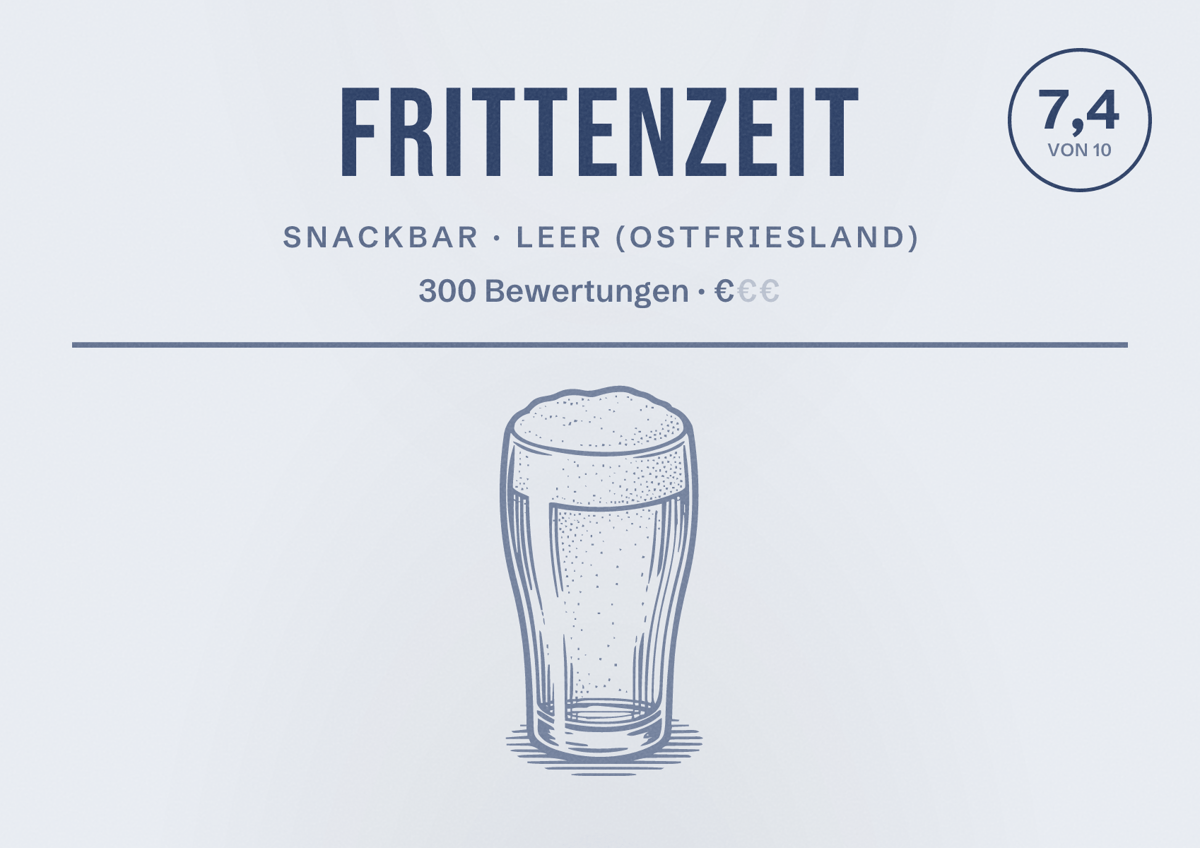 Illustriertes Poster von Frittenzeit, Snackbar in Leer (Ostfriesland): Bewertung 7,4 von 10 aus 300 Bewertungen, Preisniveau €