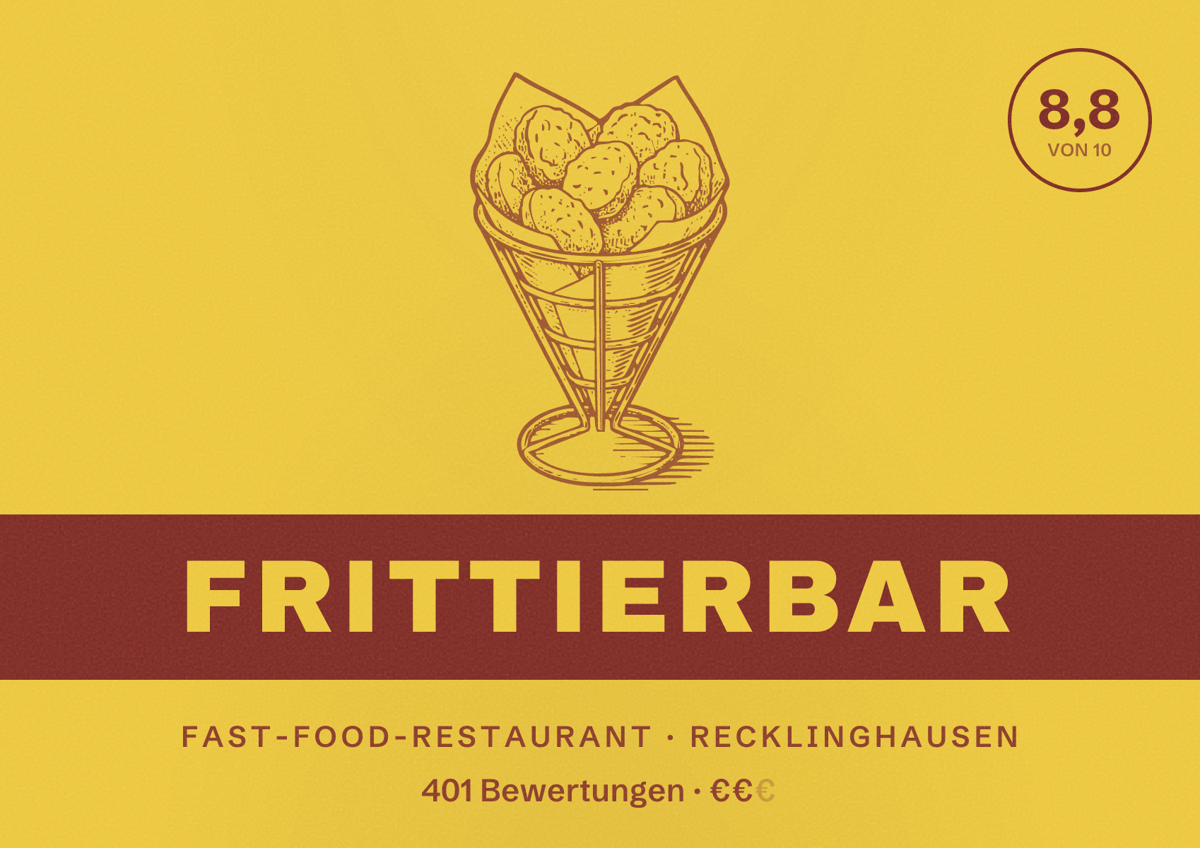 Illustriertes Poster von FrittierBar, Fast-Food-Restaurant in Recklinghausen: Bewertung 8,8 von 10 aus 401 Bewertungen, Preisniveau €€