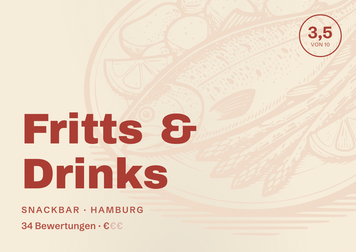 Illustriertes Poster von Fritts & Drinks, Snackbar in Hamburg: Bewertung 3,5 von 10 aus 34 Bewertungen, Preisniveau €