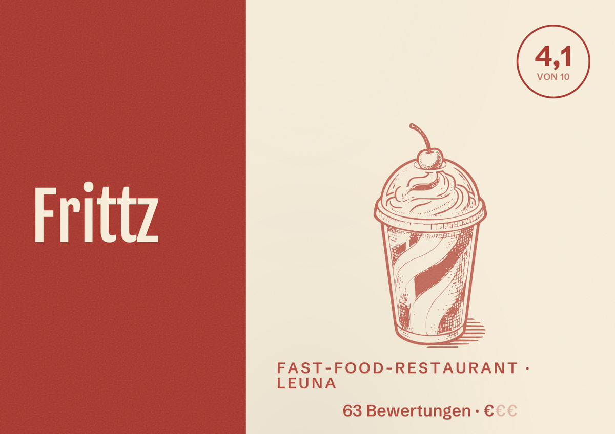 Illustriertes Poster von Frittz, Fast-Food-Restaurant in Leuna: Bewertung 4,1 von 10 aus 63 Bewertungen, Preisniveau €