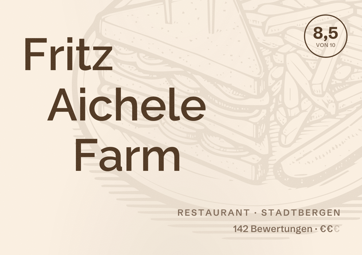 Illustriertes Poster von Fritz Aichele Farm, Restaurant in Stadtbergen: Bewertung 8,5 von 10 aus 142 Bewertungen, Preisniveau €€