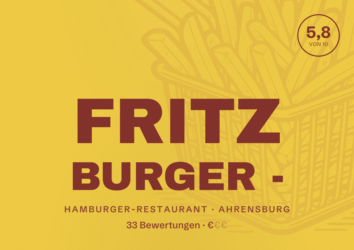 Illustriertes Poster von FRITZ BURGER -, Hamburger-Restaurant in Ahrensburg: Bewertung 5,8 von 10 aus 33 Bewertungen, Preisniveau €