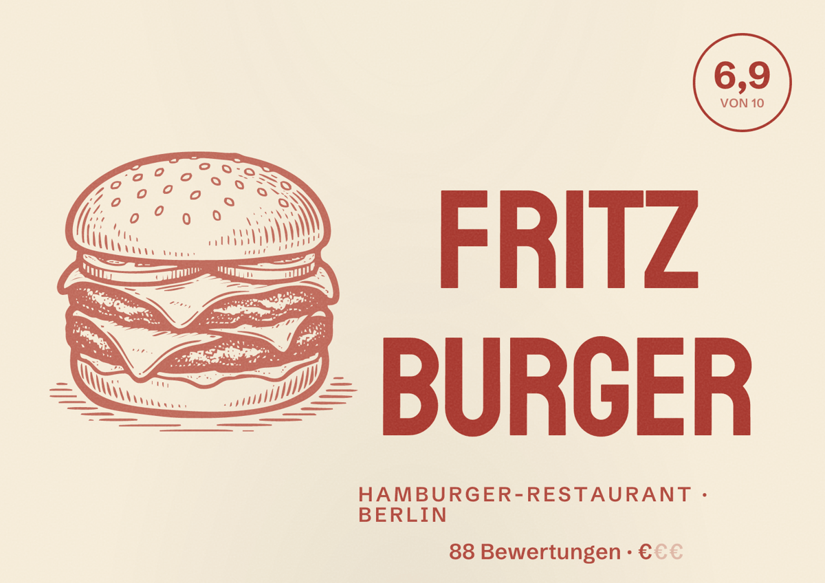 Illustriertes Poster von Fritz Burger, Hamburger-Restaurant in Berlin: Bewertung 6,9 von 10 aus 88 Bewertungen, Preisniveau €
