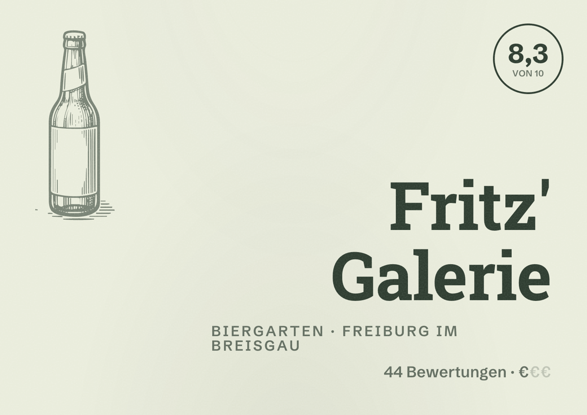Illustriertes Poster von Fritz' Galerie, Biergarten in Freiburg im Breisgau: Bewertung 8,3 von 10 aus 44 Bewertungen, Preisniveau €