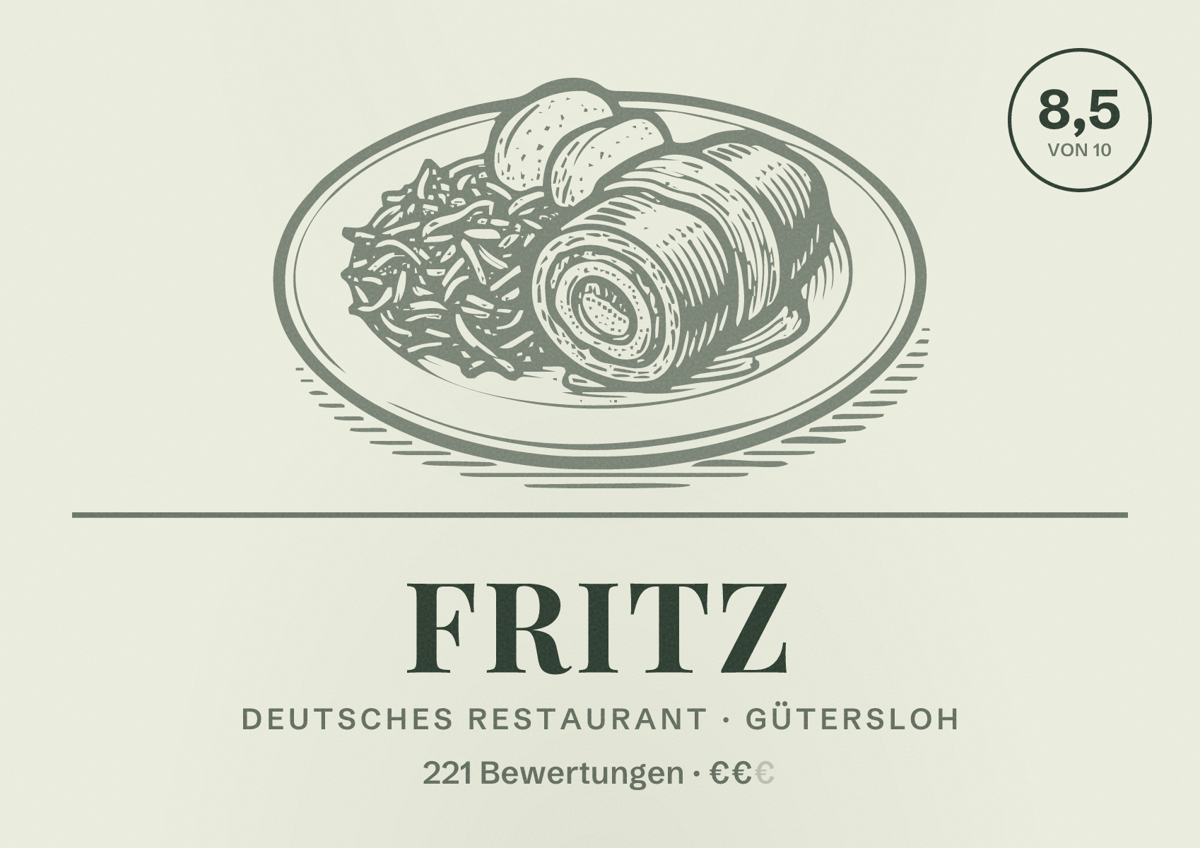 Illustriertes Poster von Fritz, Deutsches Restaurant in Gütersloh: Bewertung 8,5 von 10 aus 221 Bewertungen, Preisniveau €€