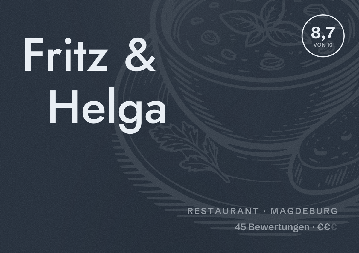 Illustriertes Poster von Fritz & Helga, Restaurant in Magdeburg: Bewertung 8,7 von 10 aus 45 Bewertungen, Preisniveau €€