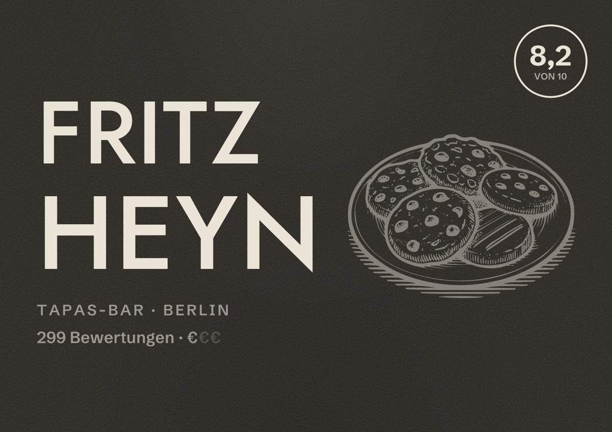 Illustriertes Poster von Fritz Heyn, Tapas-Bar in Berlin: Bewertung 8,2 von 10 aus 299 Bewertungen, Preisniveau €