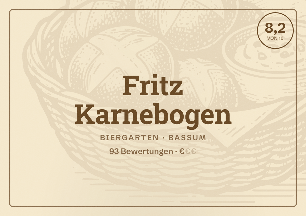 Illustriertes Poster von Fritz Karnebogen, Biergarten in Bassum: Bewertung 8,2 von 10 aus 93 Bewertungen, Preisniveau €
