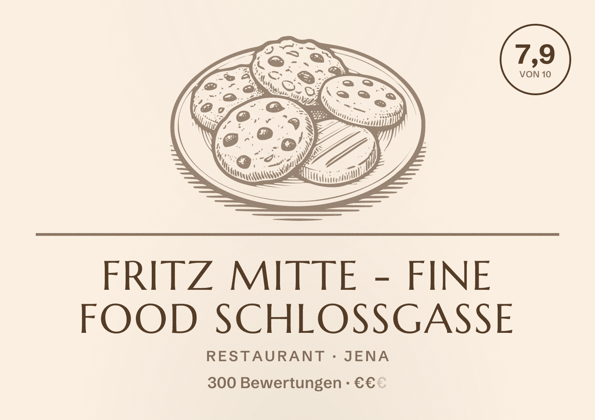 Illustriertes Poster von Fritz Mitte - Fine Food Schlossgasse, Restaurant in Jena: Bewertung 7,9 von 10 aus 300 Bewertungen, Preisniveau €€