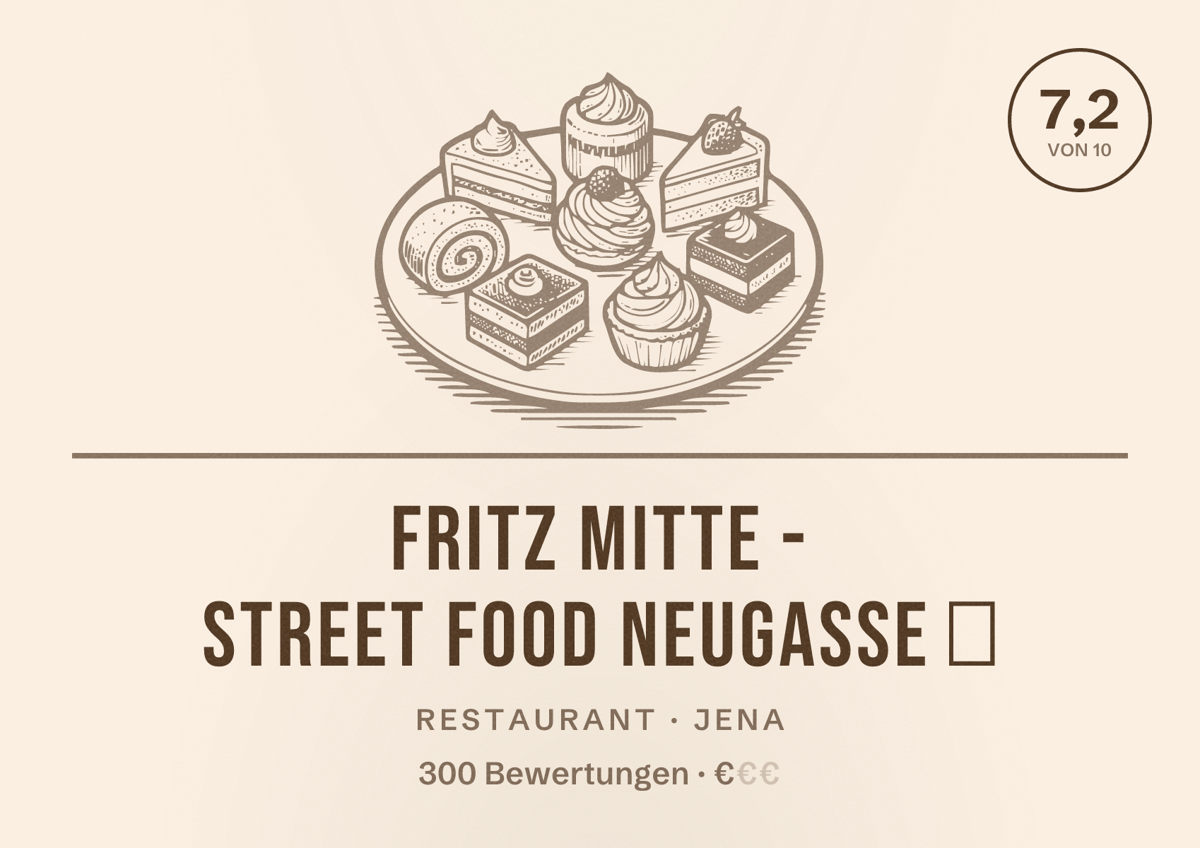 Illustriertes Poster von Fritz Mitte - Street Food Neugasse 🥇, Restaurant in Jena: Bewertung 7,2 von 10 aus 300 Bewertungen, Preisniveau €