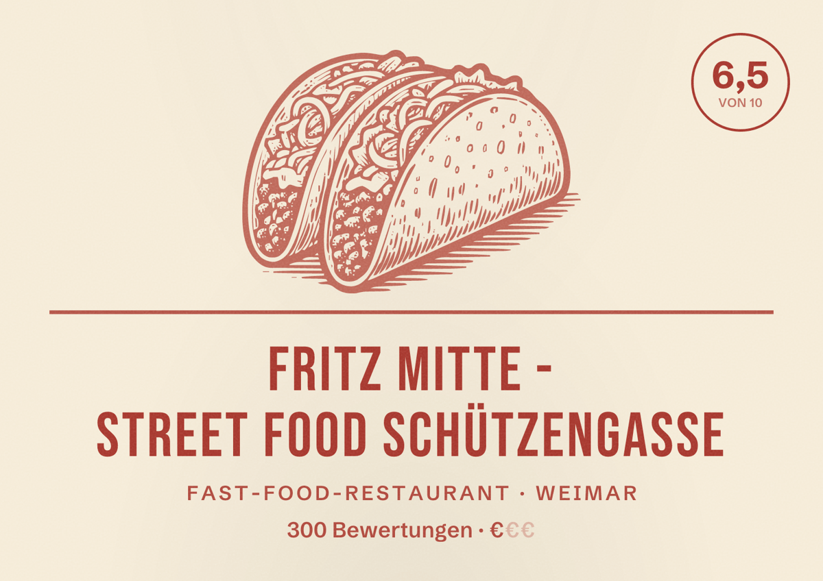 Illustriertes Poster von Fritz Mitte - Street Food Schützengasse, Fast-Food-Restaurant in Weimar: Bewertung 6,5 von 10 aus 300 Bewertungen, Preisniveau €