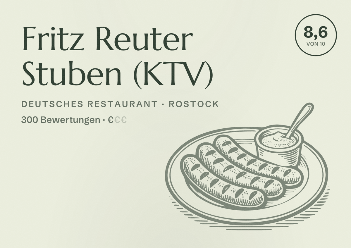 Illustriertes Poster von Fritz Reuter Stuben (KTV), Deutsches Restaurant in Rostock: Bewertung 8,6 von 10 aus 300 Bewertungen, Preisniveau €