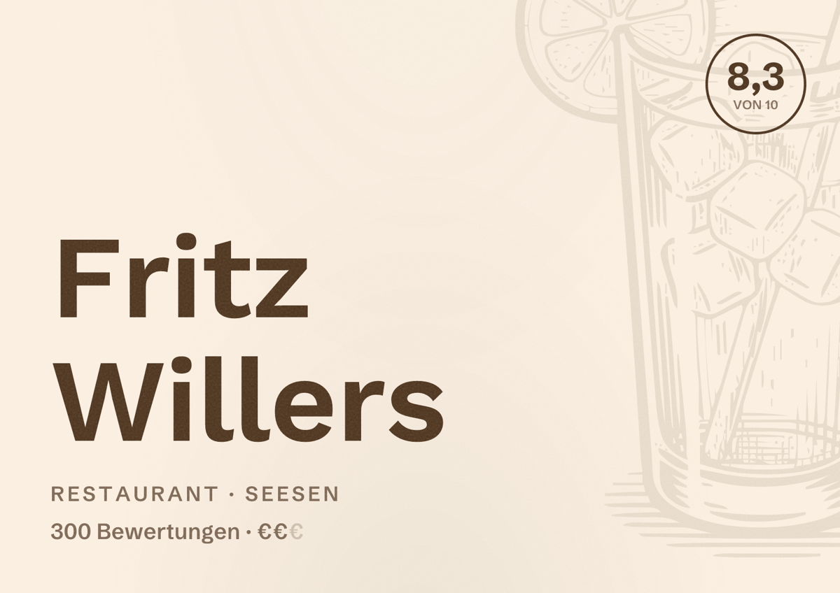Illustriertes Poster von Fritz Willers, Restaurant in Seesen: Bewertung 8,3 von 10 aus 300 Bewertungen, Preisniveau €€