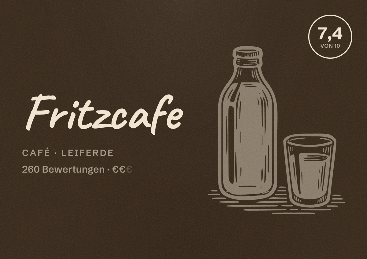 Illustriertes Poster von Fritzcafe, Café in Leiferde: Bewertung 7,4 von 10 aus 260 Bewertungen, Preisniveau €€