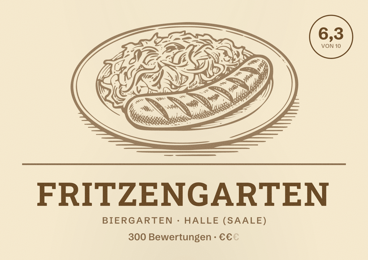Illustriertes Poster von Fritzengarten, Biergarten in Halle (Saale): Bewertung 6,3 von 10 aus 300 Bewertungen, Preisniveau €€