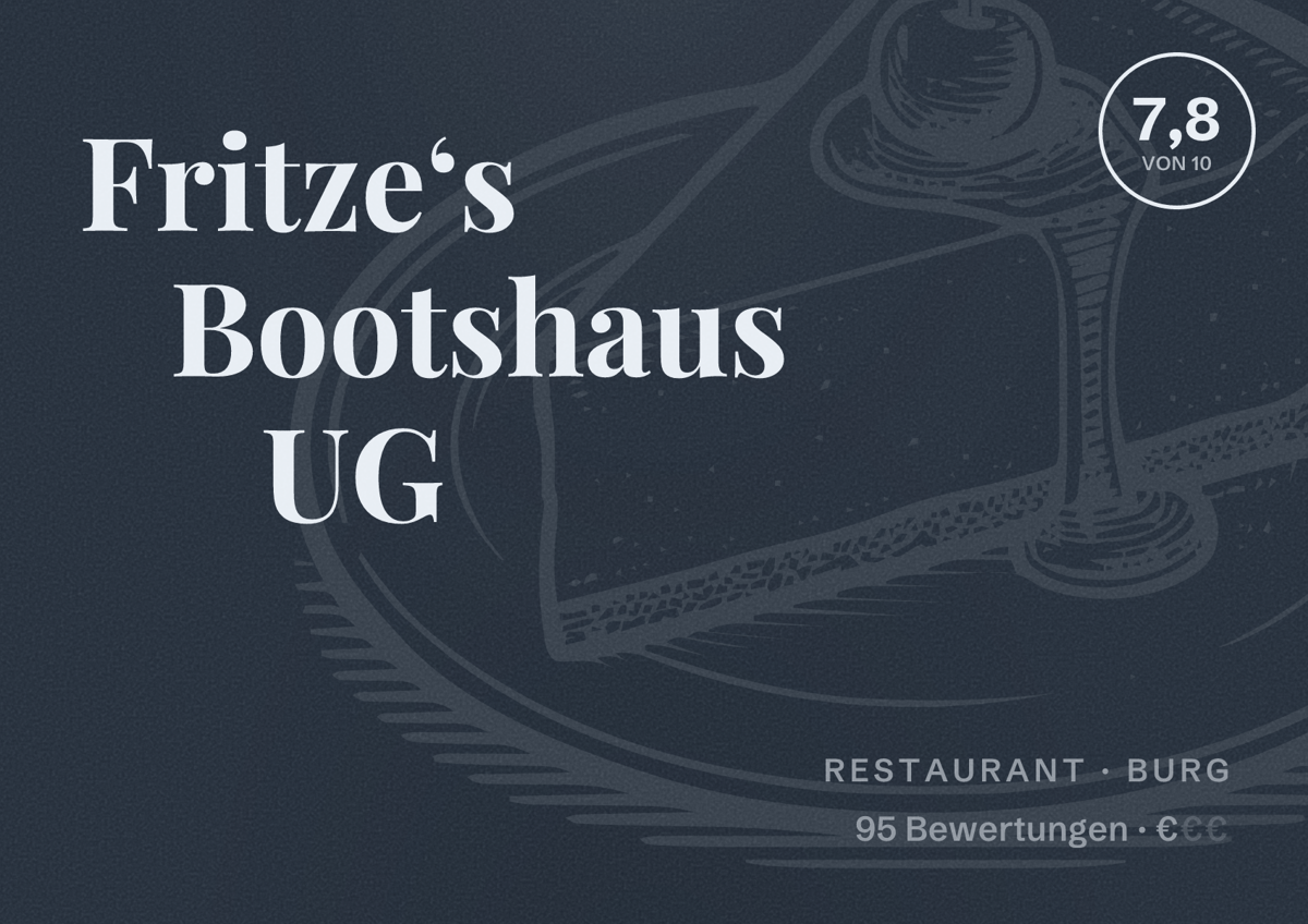 Illustriertes Poster von Fritze‘s Bootshaus UG, Restaurant in Burg: Bewertung 7,8 von 10 aus 95 Bewertungen, Preisniveau €