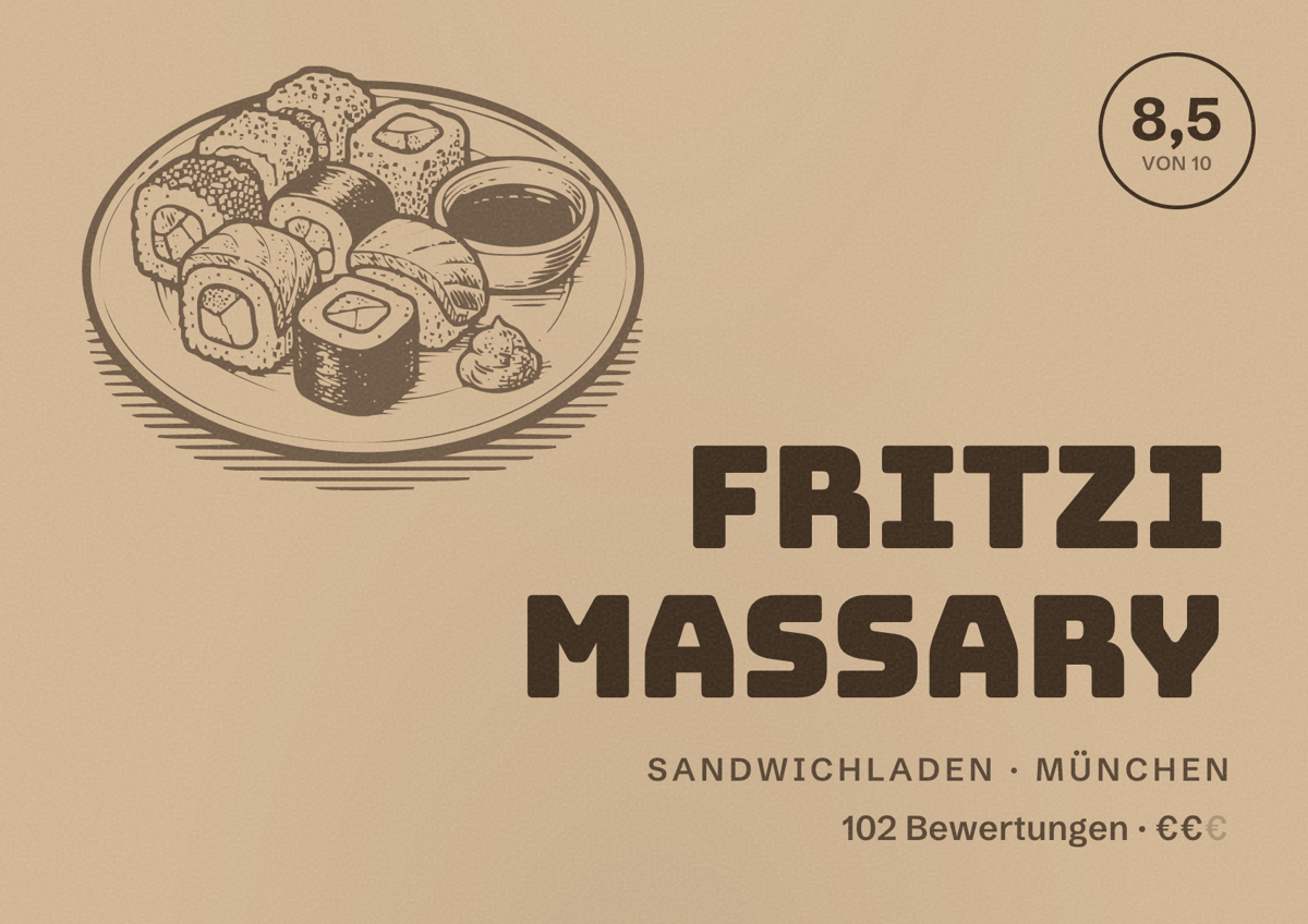 Illustriertes Poster von Fritzi Massary, Sandwichladen in München: Bewertung 8,5 von 10 aus 102 Bewertungen, Preisniveau €€