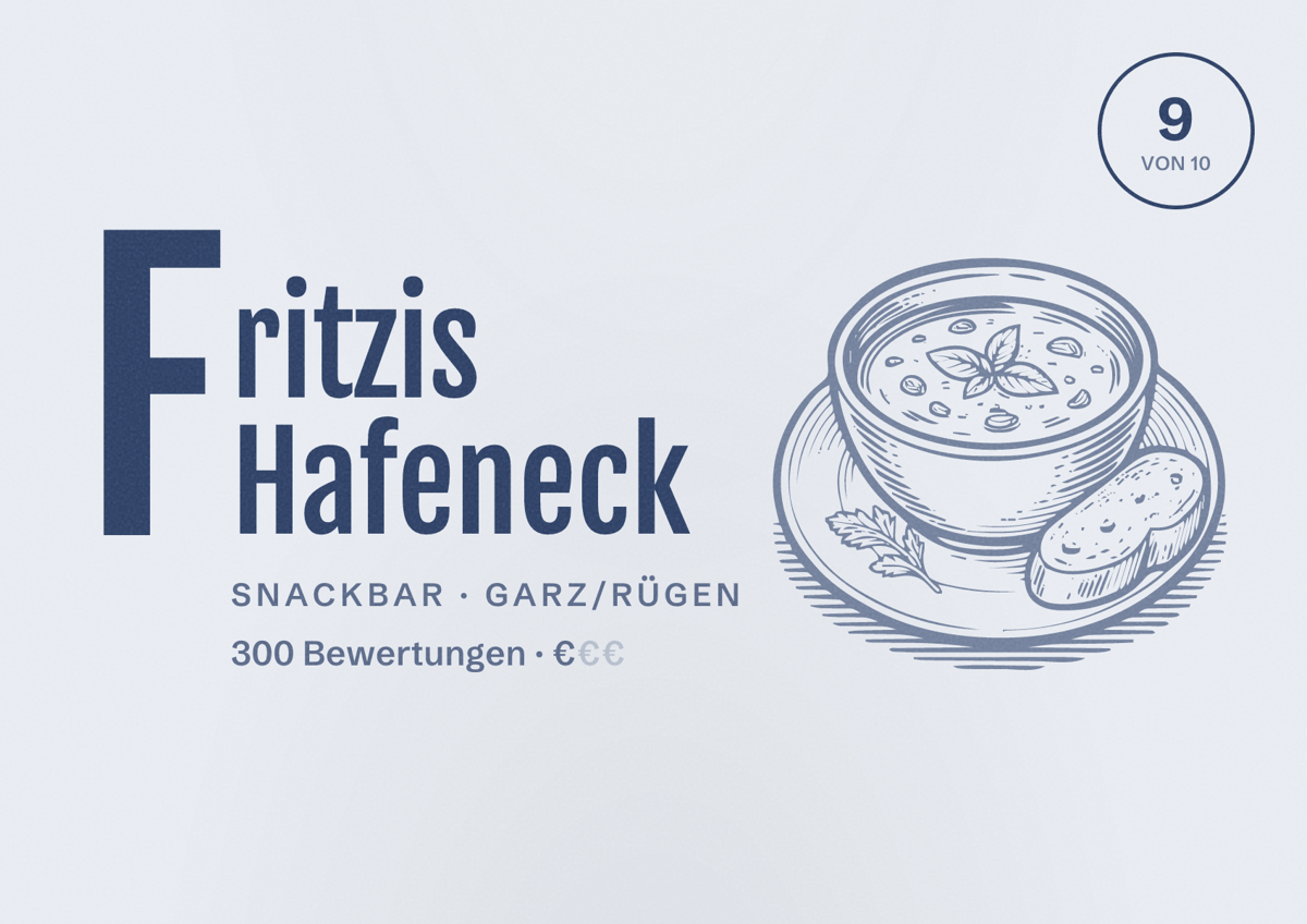 Illustriertes Poster von Fritzis Hafeneck, Snackbar in Garz/Rügen: Bewertung 9 von 10 aus 300 Bewertungen, Preisniveau €