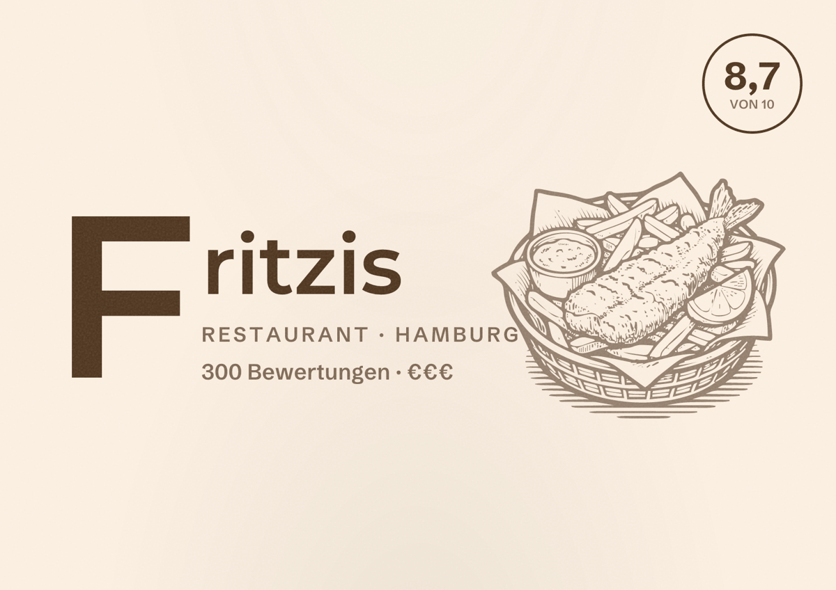 Illustriertes Poster von Fritzis, Restaurant in Hamburg: Bewertung 8,7 von 10 aus 300 Bewertungen, Preisniveau €€€