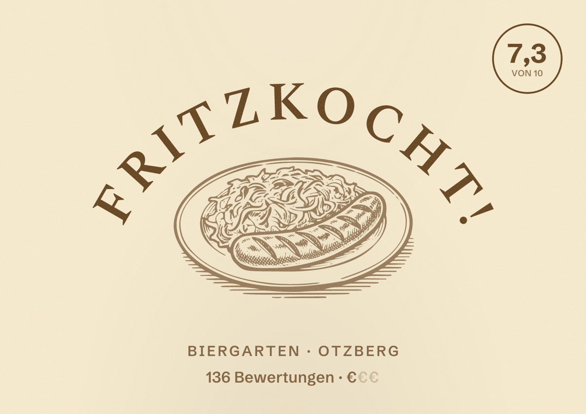 Illustriertes Poster von Fritzkocht!, Biergarten in Otzberg: Bewertung 7,3 von 10 aus 136 Bewertungen, Preisniveau €