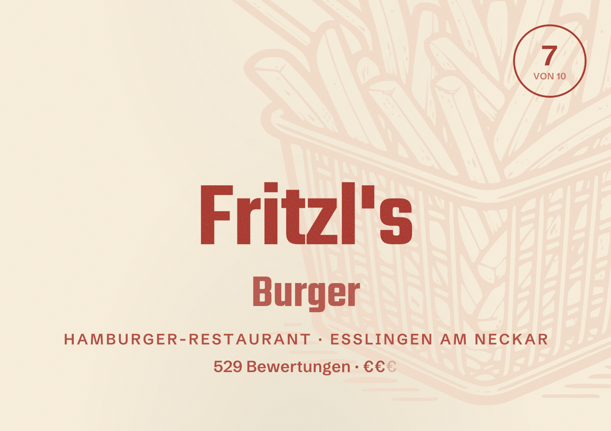 Illustriertes Poster von Fritzl's Burger, Hamburger-Restaurant in Esslingen am Neckar: Bewertung 7 von 10 aus 529 Bewertungen, Preisniveau €€