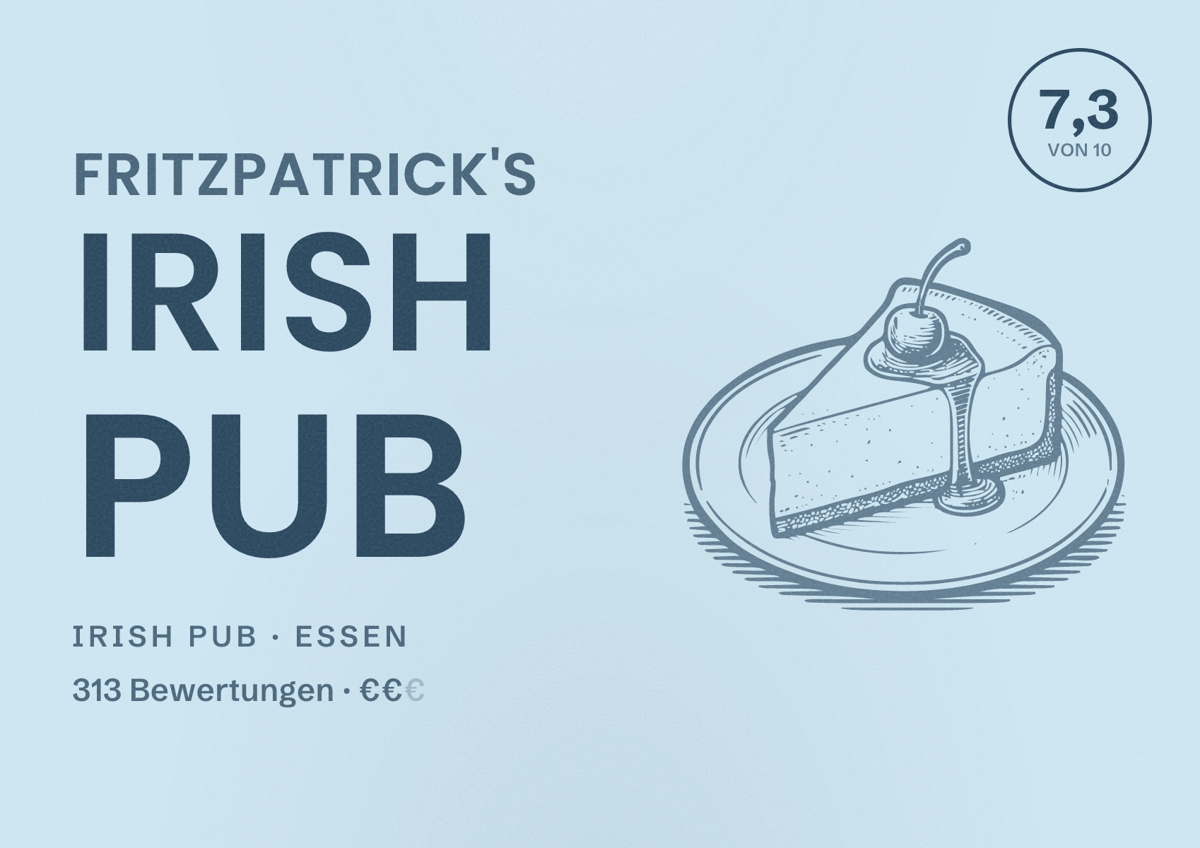 Illustriertes Poster von Fritzpatrick's Irish Pub, Irish Pub in Essen: Bewertung 7,3 von 10 aus 313 Bewertungen, Preisniveau €€