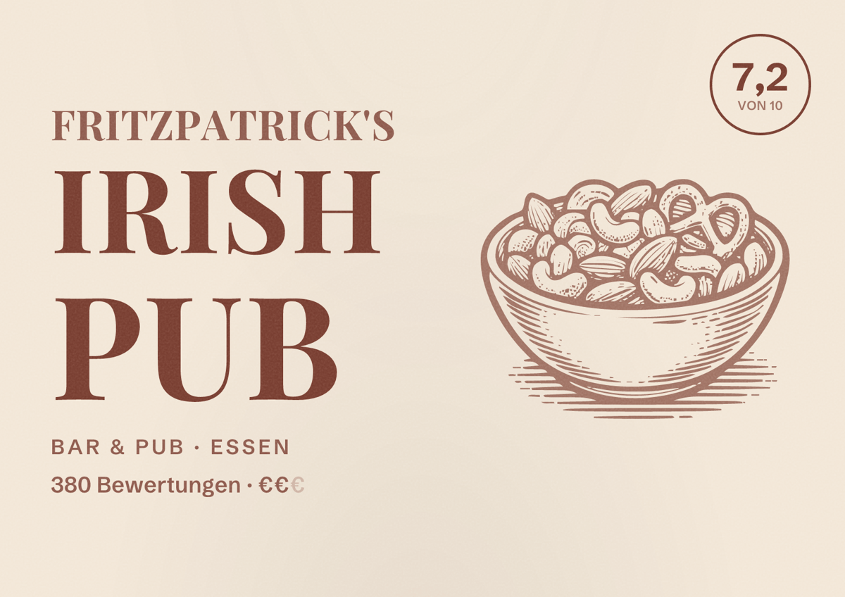 Illustriertes Poster von Fritzpatrick's Irish Pub, Bar & Pub in Essen: Bewertung 7,2 von 10 aus 380 Bewertungen, Preisniveau €€