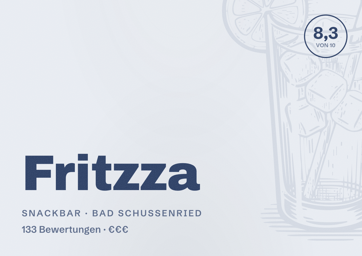 Illustriertes Poster von Fritzza, Snackbar in Bad Schussenried: Bewertung 8,3 von 10 aus 133 Bewertungen, Preisniveau €€€
