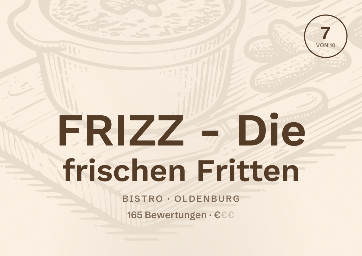 Illustriertes Poster von FRIZZ - Die frischen Fritten, Bistro in Oldenburg: Bewertung 7 von 10 aus 165 Bewertungen, Preisniveau €