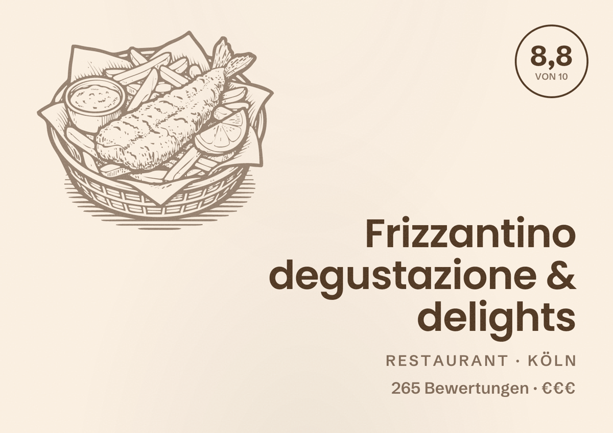 Illustriertes Poster von Frizzantino degustazione & delights, Restaurant in Köln: Bewertung 8,8 von 10 aus 265 Bewertungen, Preisniveau €€€