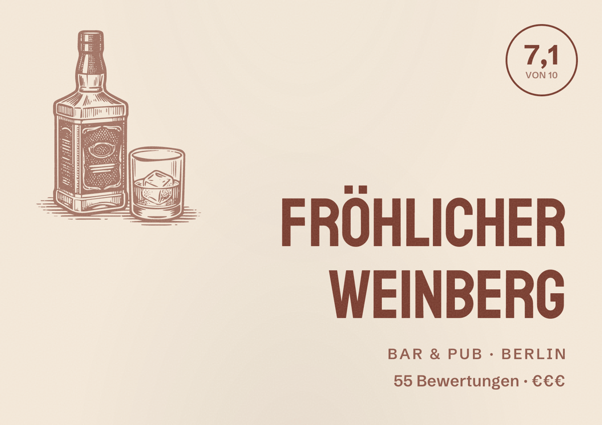 Illustriertes Poster von Fröhlicher Weinberg, Bar & Pub in Berlin: Bewertung 7,1 von 10 aus 55 Bewertungen, Preisniveau €€€