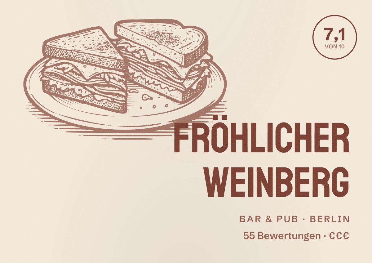 Illustriertes Poster von Fröhlicher Weinberg, Bar & Pub in Berlin: Bewertung 7,1 von 10 aus 55 Bewertungen, Preisniveau €€€