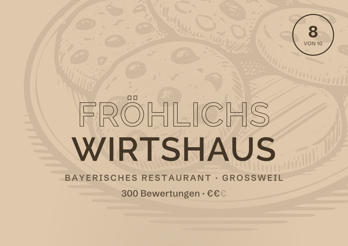 Illustriertes Poster von Fröhlichs Wirtshaus, Bayerisches Restaurant in Großweil: Bewertung 8 von 10 aus 300 Bewertungen, Preisniveau €€