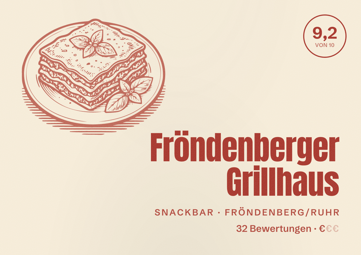 Illustriertes Poster von Fröndenberger Grillhaus, Snackbar in Fröndenberg/Ruhr: Bewertung 9,2 von 10 aus 32 Bewertungen, Preisniveau €