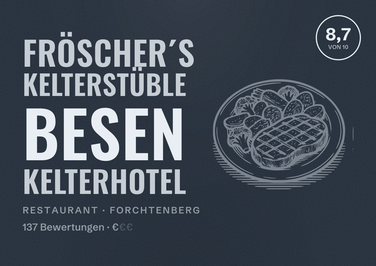 Illustriertes Poster von Fröscher´s Kelterstüble Besen Kelterhotel, Restaurant in Forchtenberg: Bewertung 8,7 von 10 aus 137 Bewertungen, Preisniveau €