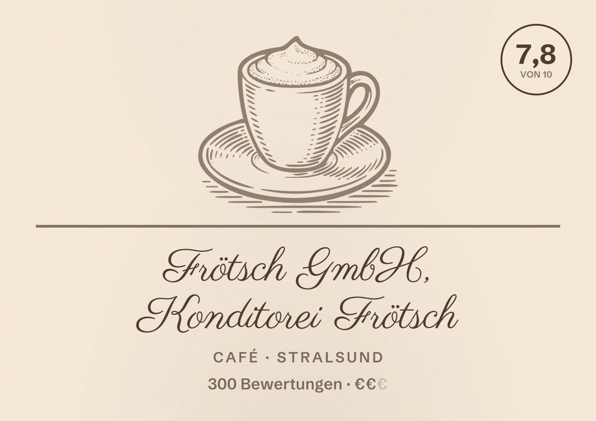 Illustriertes Poster von Frötsch GmbH, Konditorei Frötsch, Café in Stralsund: Bewertung 7,8 von 10 aus 300 Bewertungen, Preisniveau €€