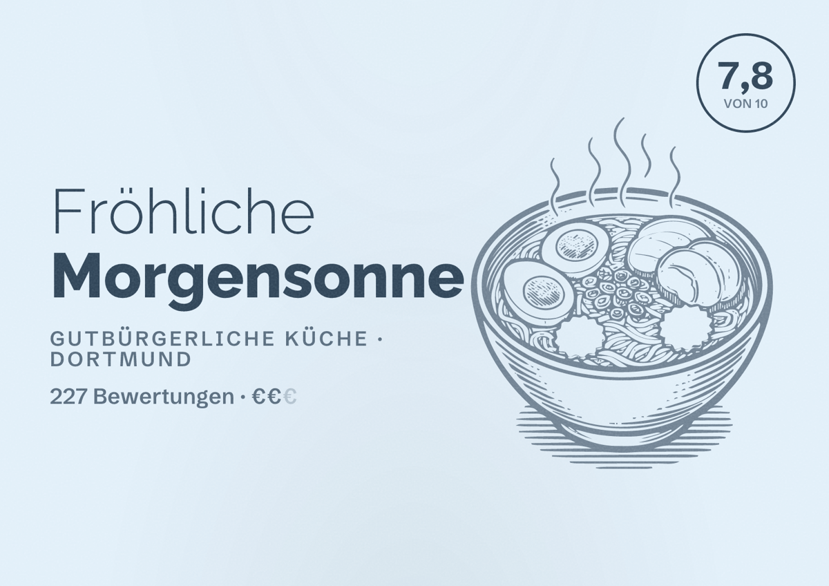 Illustriertes Poster von Fröhliche Morgensonne, Gutbürgerliche Küche in Dortmund: Bewertung 7,8 von 10 aus 227 Bewertungen, Preisniveau €€