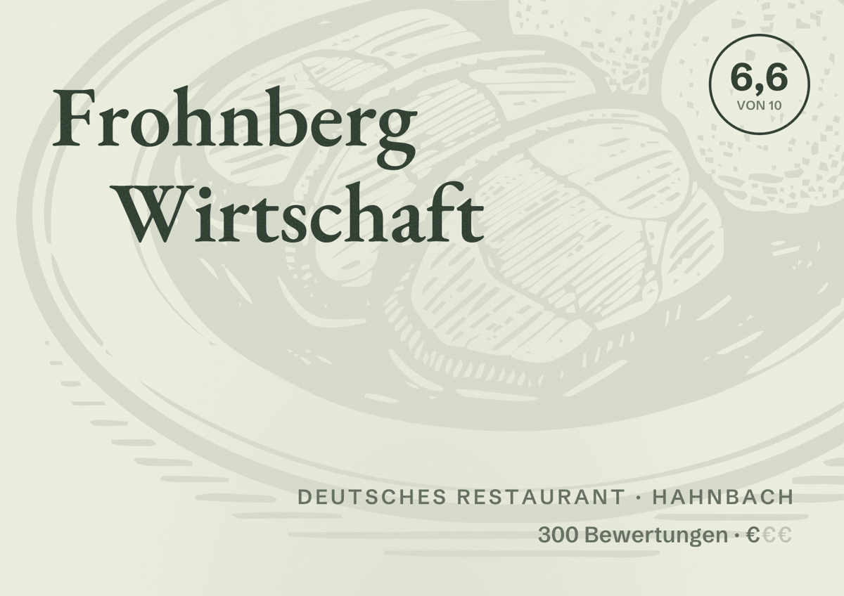 Illustriertes Poster von Frohnberg Wirtschaft, Deutsches Restaurant in Hahnbach: Bewertung 6,6 von 10 aus 300 Bewertungen, Preisniveau €