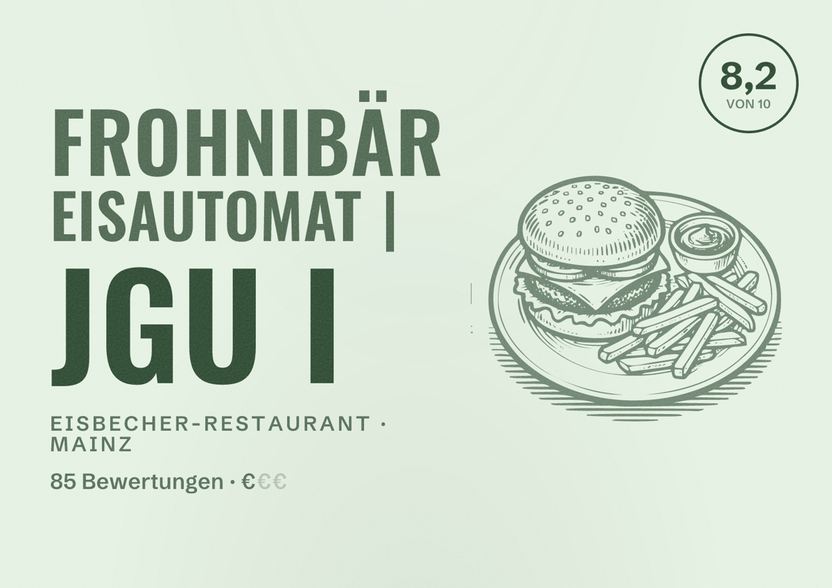 Illustriertes Poster von Frohnibär Eisautomat | JGU I, Eisbecher-Restaurant in Mainz: Bewertung 8,2 von 10 aus 85 Bewertungen, Preisniveau €