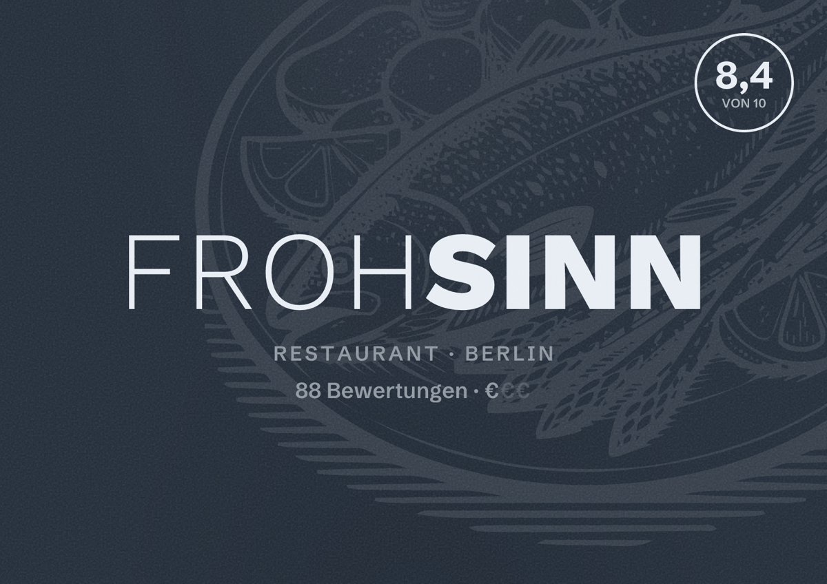 Illustriertes Poster von Frohsinn, Restaurant in Berlin: Bewertung 8,4 von 10 aus 88 Bewertungen, Preisniveau €