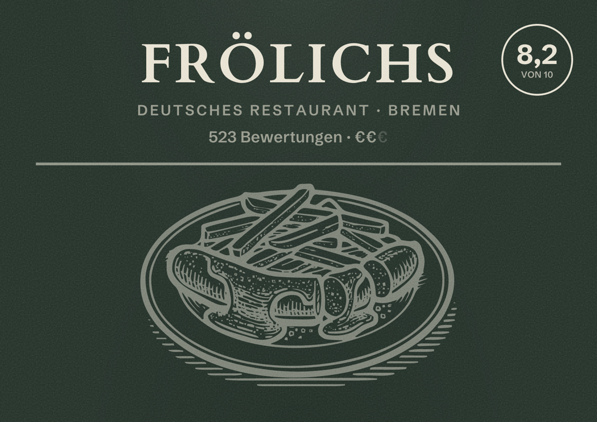Illustriertes Poster von Frölichs, Deutsches Restaurant in Bremen: Bewertung 8,2 von 10 aus 523 Bewertungen, Preisniveau €€