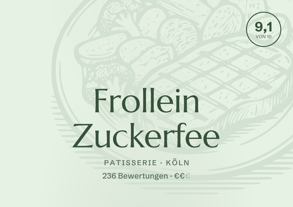 Illustriertes Poster von Frollein Zuckerfee, Patisserie in Köln: Bewertung 9,1 von 10 aus 236 Bewertungen, Preisniveau €€