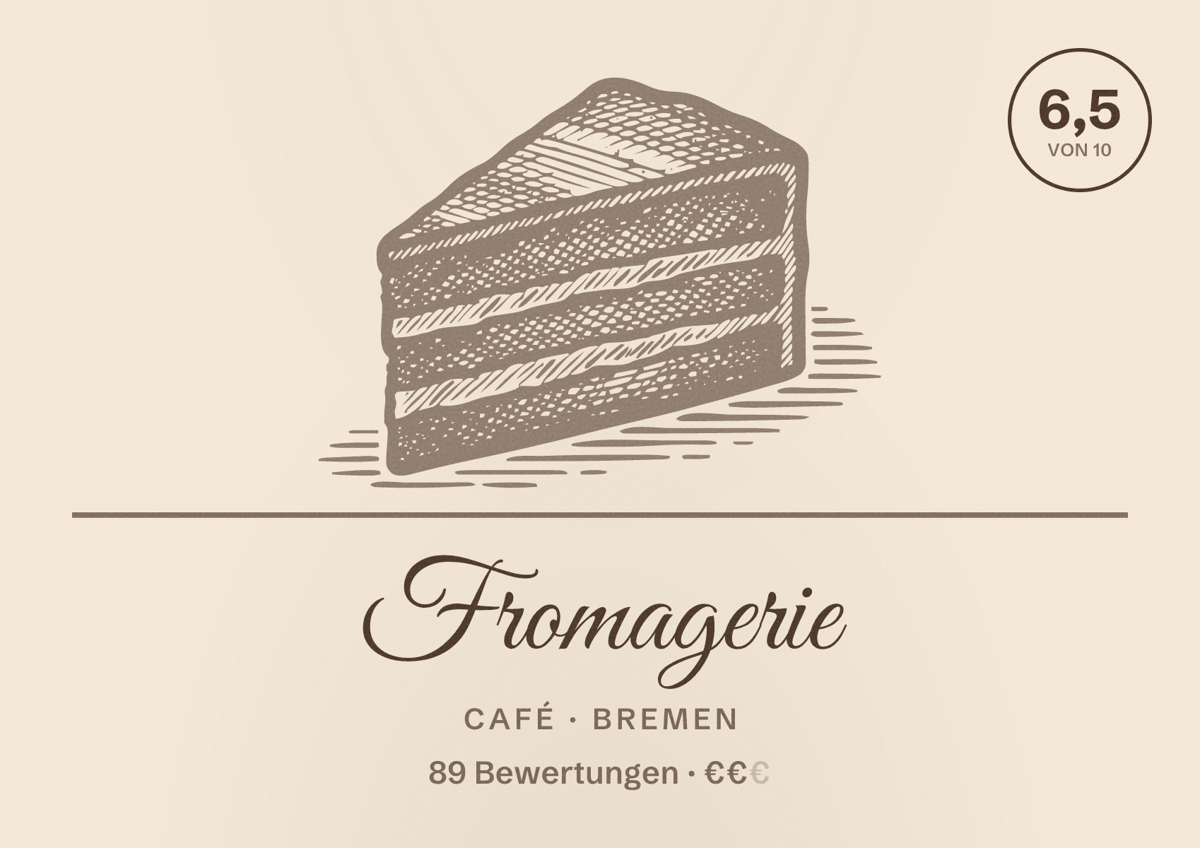 Illustriertes Poster von Fromagerie, Café in Bremen: Bewertung 6,5 von 10 aus 89 Bewertungen, Preisniveau €€