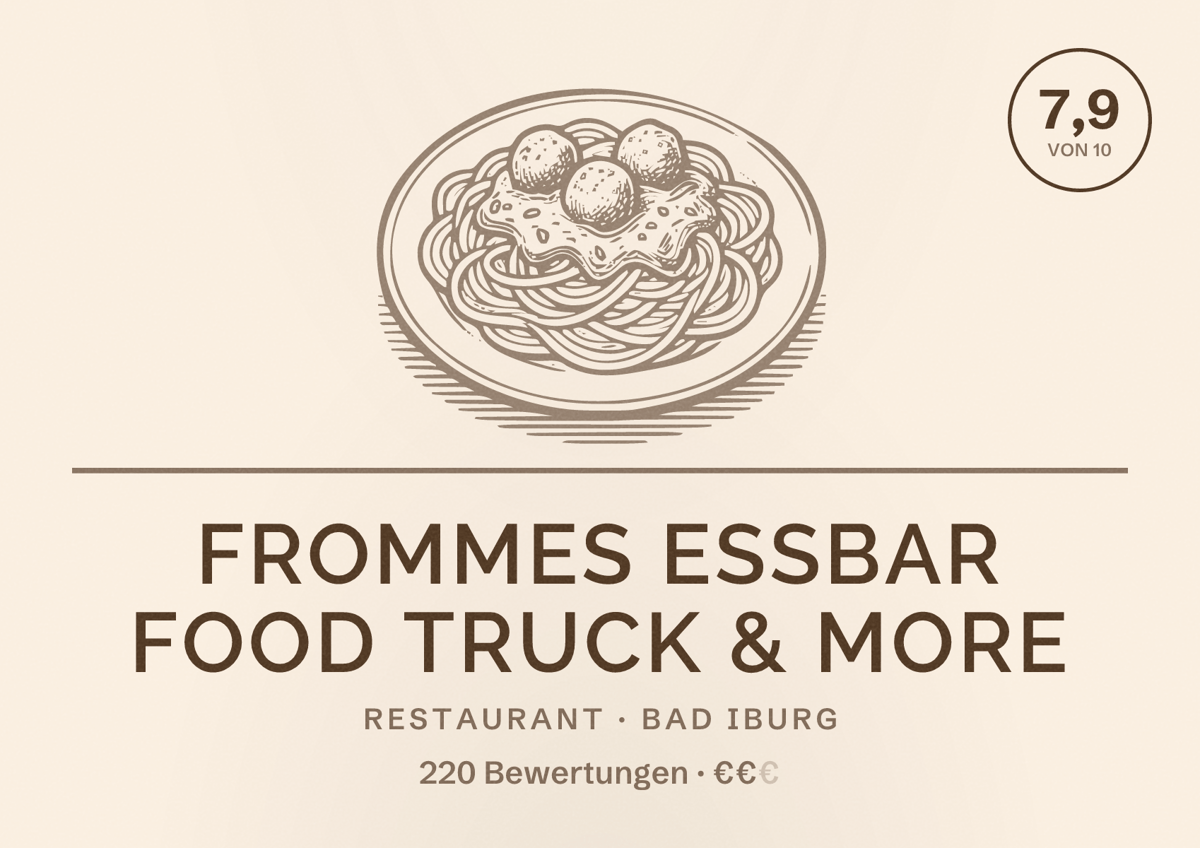 Illustriertes Poster von Frommes EssBar Food Truck & More, Restaurant in Bad Iburg: Bewertung 7,9 von 10 aus 220 Bewertungen, Preisniveau €€
