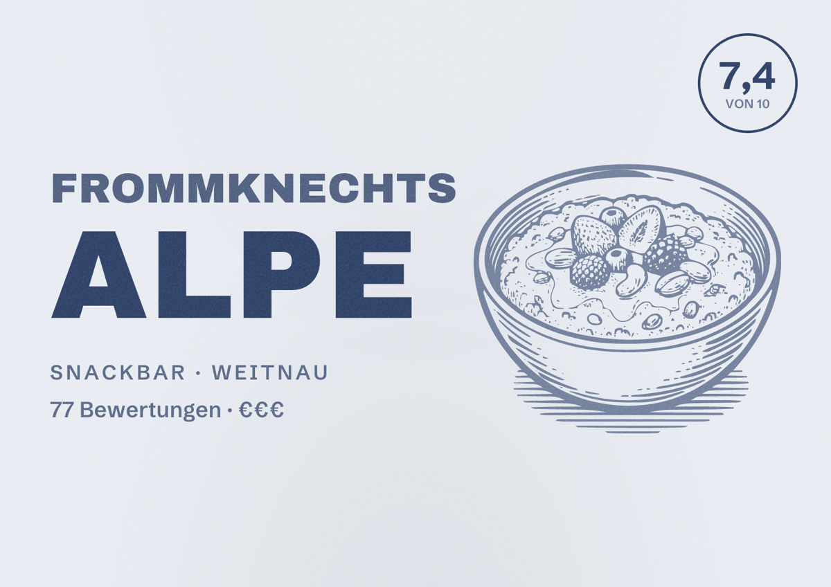 Illustriertes Poster von Frommknechts Alpe, Snackbar in Weitnau: Bewertung 7,4 von 10 aus 77 Bewertungen, Preisniveau €€€