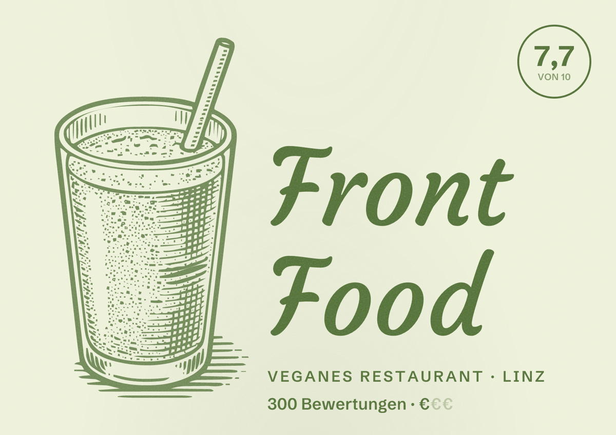 Illustriertes Poster von Front Food, Veganes Restaurant in Linz: Bewertung 7,7 von 10 aus 300 Bewertungen, Preisniveau €