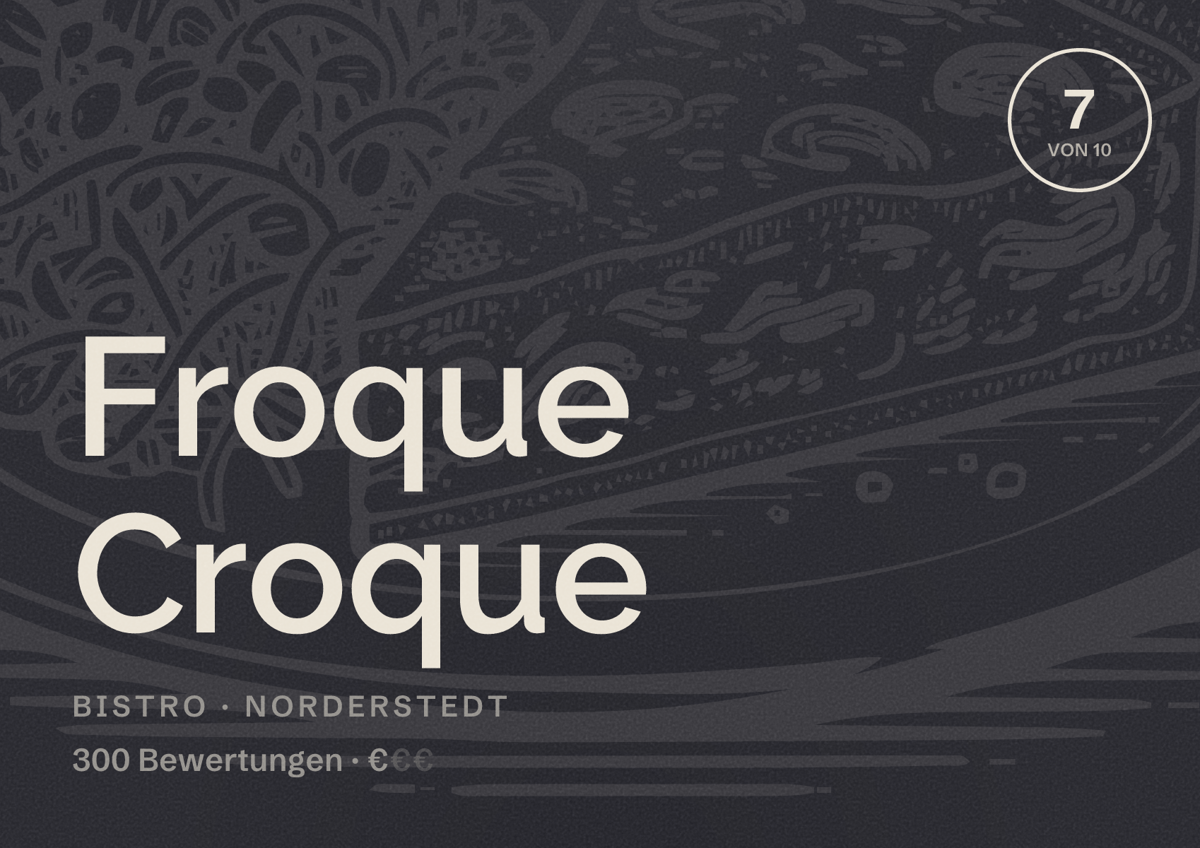 Illustriertes Poster von Froque Croque, Bistro in Norderstedt: Bewertung 7 von 10 aus 300 Bewertungen, Preisniveau €