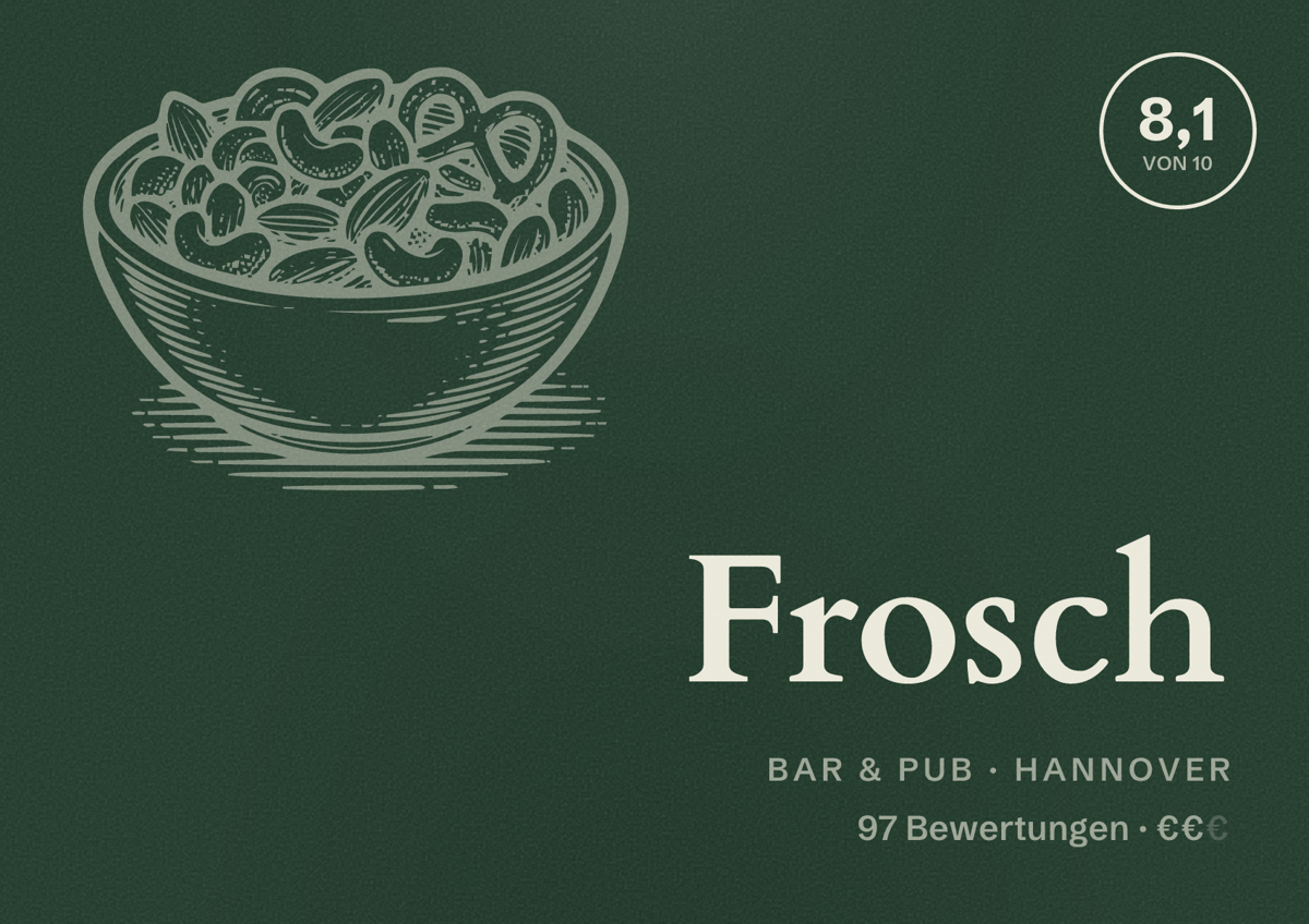 Illustriertes Poster von Frosch, Bar & Pub in Hannover: Bewertung 8,1 von 10 aus 97 Bewertungen, Preisniveau €€