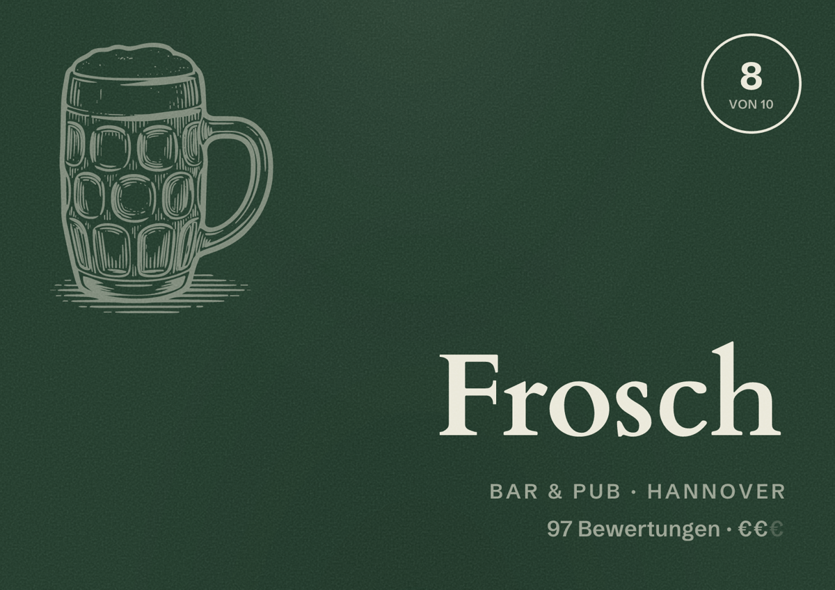 Illustriertes Poster von Frosch, Bar & Pub in Hannover: Bewertung 8,0 von 10 aus 97 Bewertungen, Preisniveau €€